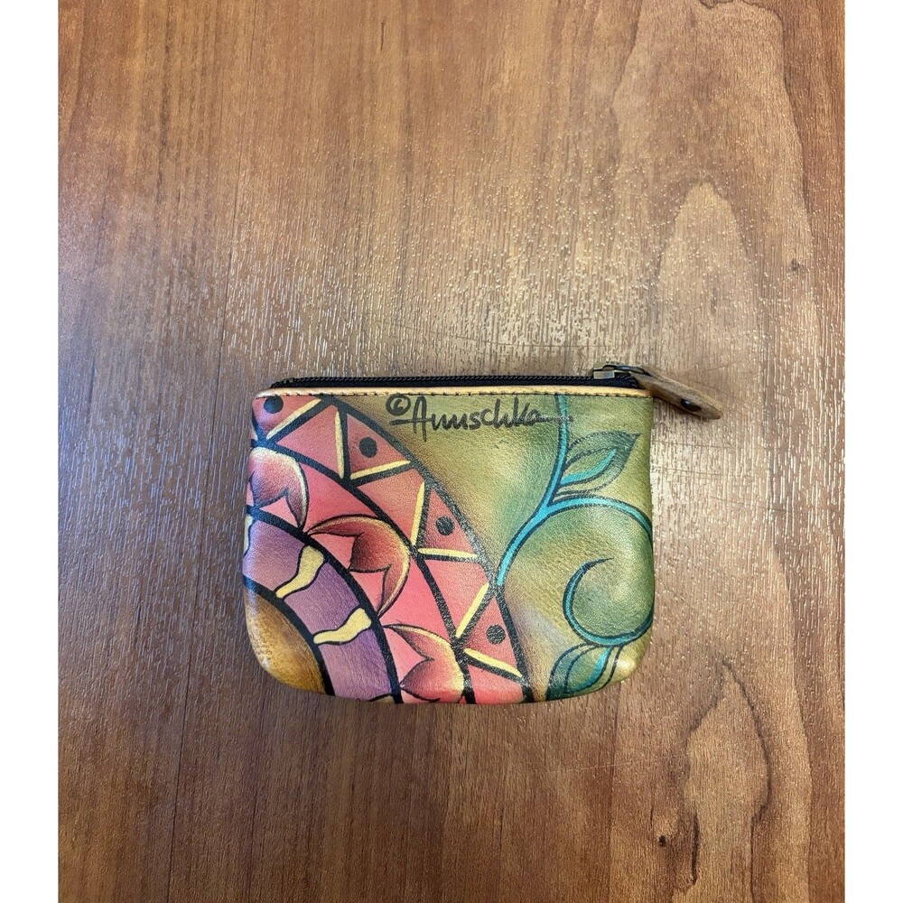 Anuschka Small Zipper closure Coin Pouch Purse Floral Geometric Painted Leather